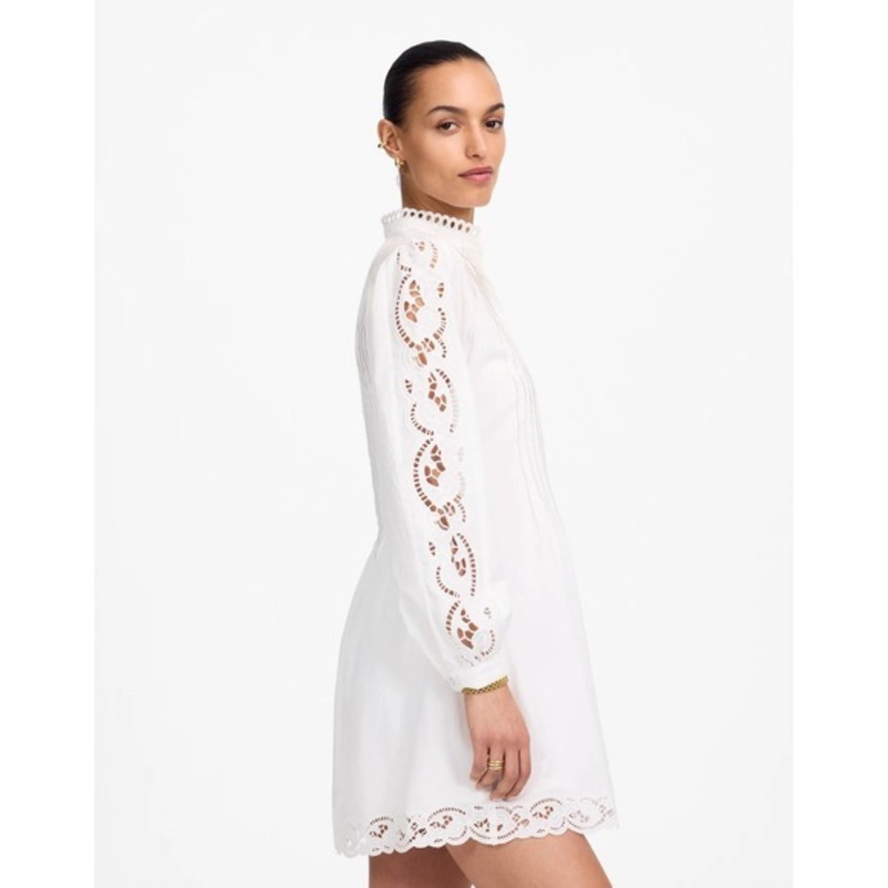 Madewell Pintucked Eyelet Mini Dress Lace Womens XS White Long Sleeve NU568 - Picture 2 of 13